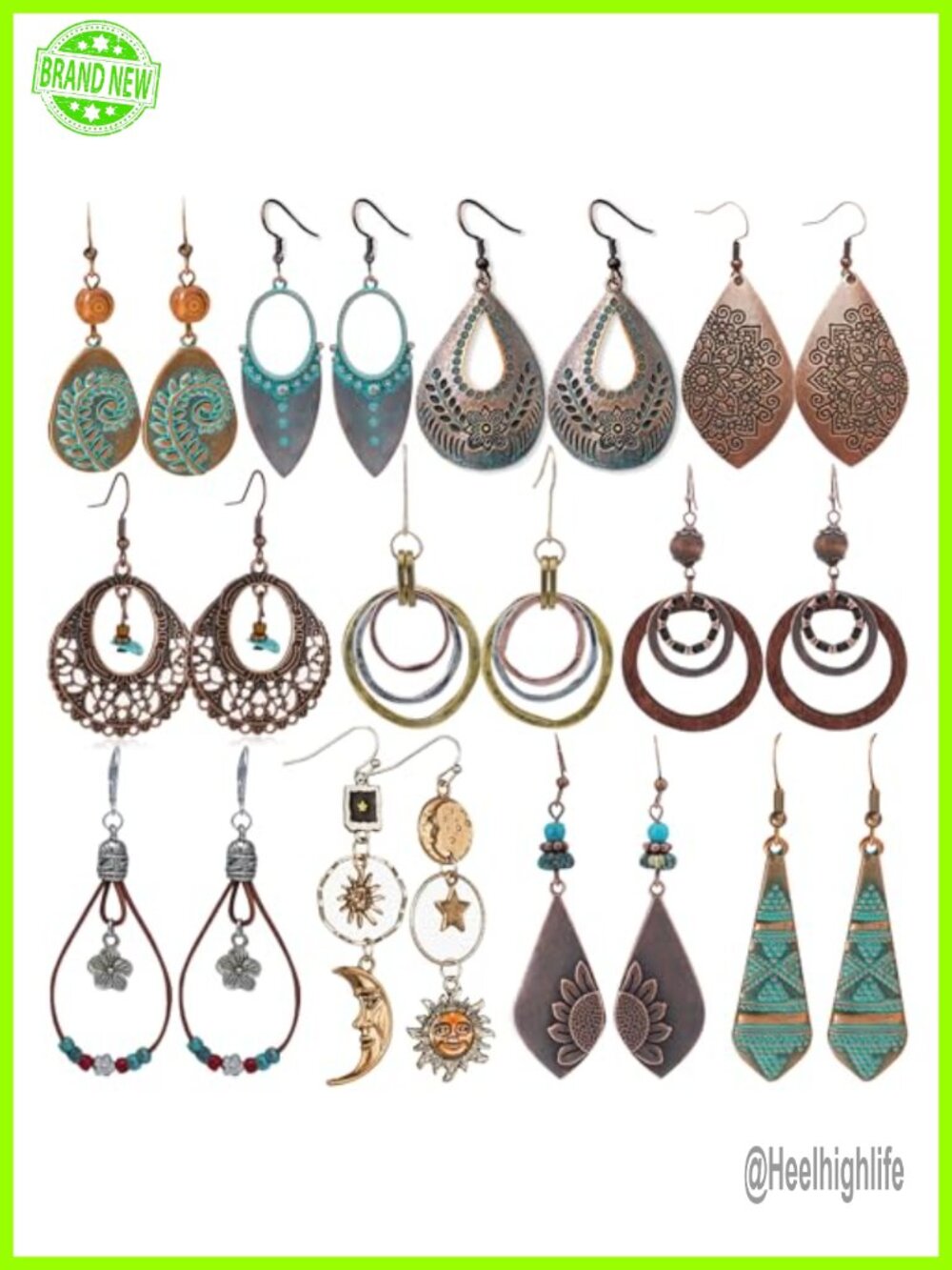 11 Pairs Vintage Dangle Earrings Boho Jewelry Set Zinc Alloy Teardrop Sun Moon